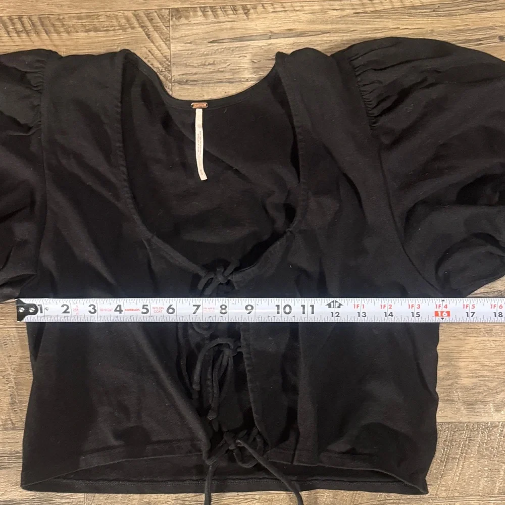 Free People 100% Cotton Black Puff Sleeve Front Tri-Tie Closure Top - Size M